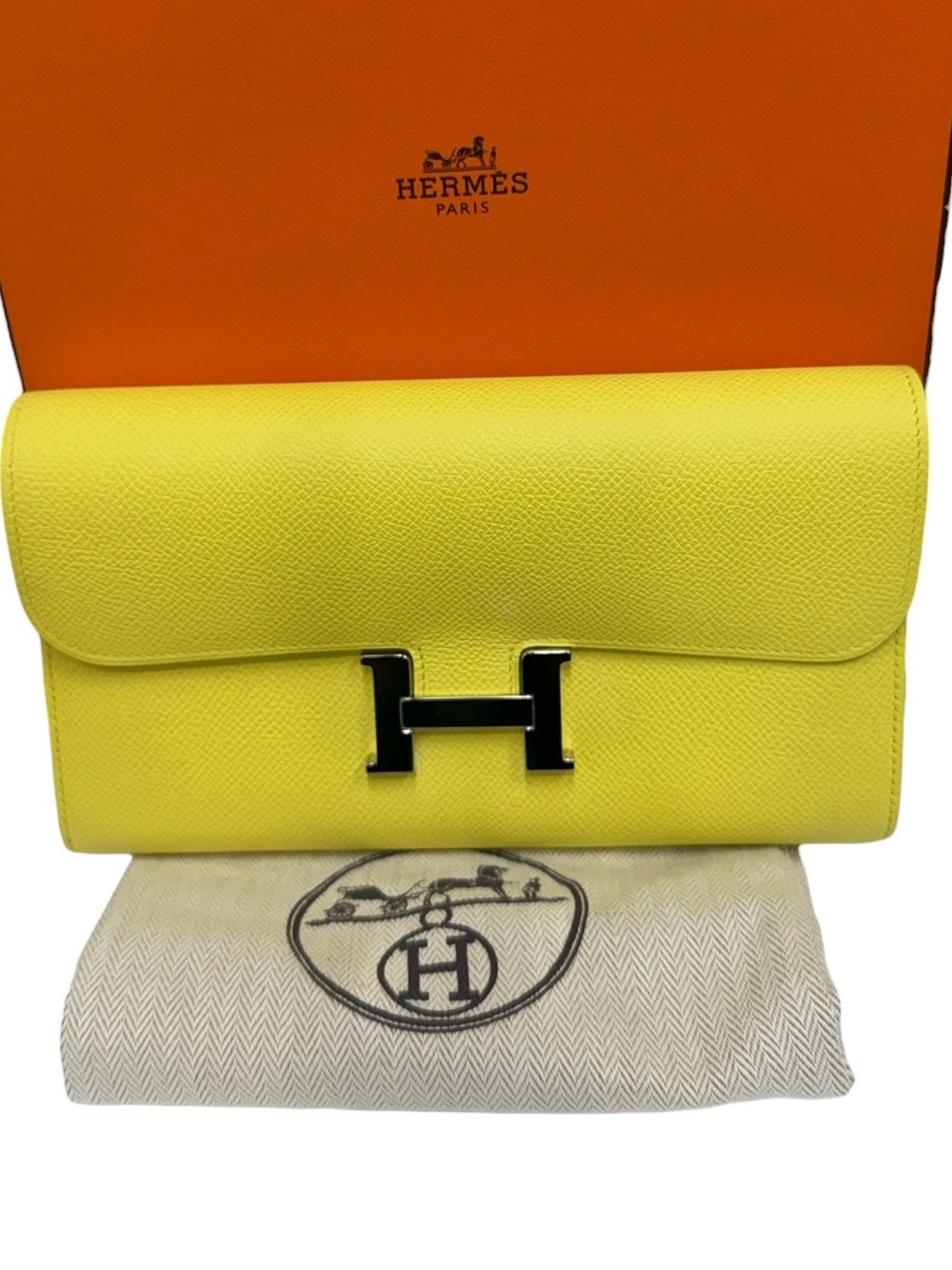 Authentic Hermes Lime Epsom Long Constance Wallet Palladium Hardware, 2019